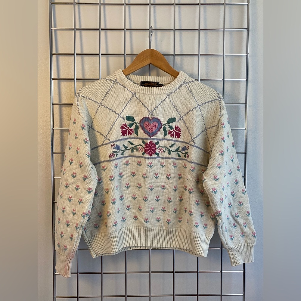 Eddie Bauer Cream Sweater with Pink & Green Floral Motif